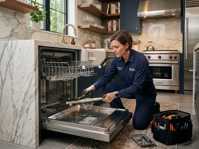 Appliance Repair Hero technician servicing a built-in dishwasher in a Bossier City, LA kitchen