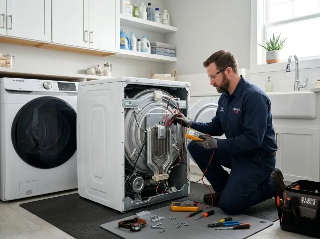 Appliance Repair Hero technician checking a dryer heating element with the rear panel off in Bossier City, LA