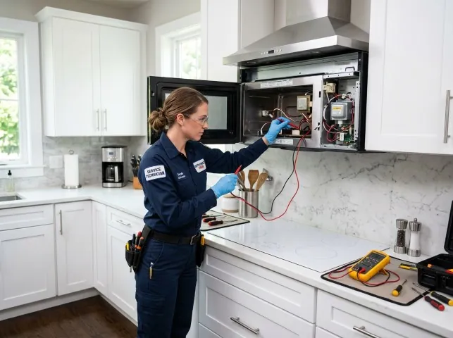 Appliance Repair Hero technician testing an over-the-range microwave in a Bossier City, LA kitchen