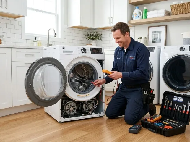 Appliance Repair Hero technician testing a front-load washer with a multimeter on a Bossier City, LA service call